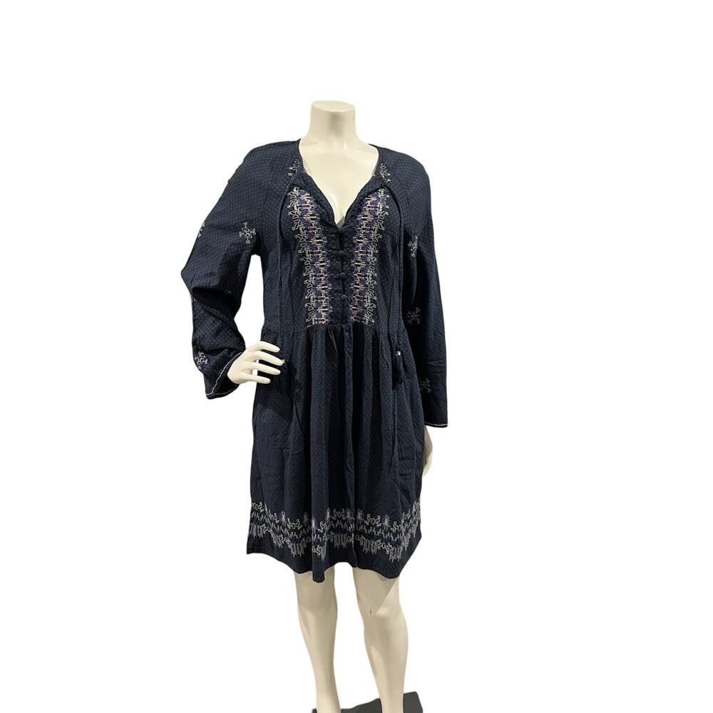Knox Rose Dress Women's Small Blue Boho Embroidered Long Sleeve Pockets Relaxed